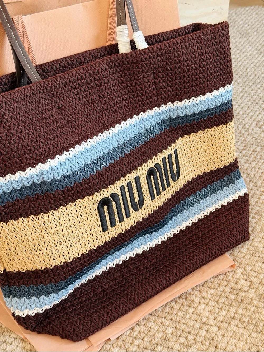 Miu Miu Brown Knit Stripe Tote Bag